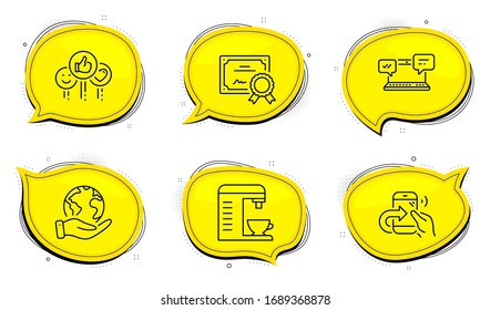 Share call sign. Diploma certificate, save planet chat bubbles. Like, Internet chat and Coffee machine line icons set. Social media likes, Online communication, Cappuccino machine. Vector