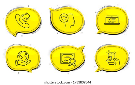 Share call sign. Diploma certificate, save planet chat bubbles. Music phone, Web lectures and Romantic talk line icons set. Radio sound, Online test, Love chat. Phone support. Technology set. Vector