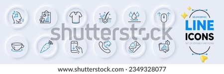 Share call, Swipe up and Scroll down line icons for web app. Pack of Report, Carrot, Anti-dandruff flakes pictogram icons. Espresso, Voicemail, T-shirt signs. Waterproof, Love letter. Vector