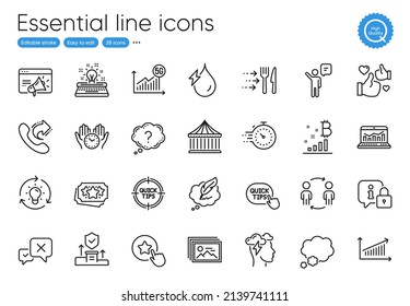 Share call, Timer and Talk bubble line icons. Collection of Hydroelectricity, Mindfulness stress, Chart icons. Loyalty star, Security agency, Copyright chat web elements. Question mark. Vector