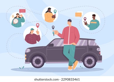 Compartir ilustración vectorial de coche. Hombre de caricatura que sostiene la llave del vehículo, comunidad de personas que usan la aplicación para compartir carros y comparte el transporte reservado para viajes y viajes en la ciudad, intercambio de coches de alquiler