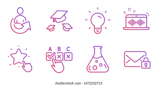 Share, Chemistry lab and Correct checkbox line icons set. Light bulb, Music making and Ranking star signs. Throw hats, Secure mail symbols. Referral person, Laboratory. Education set. Vector