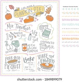 Share classic traditional pumpkin pie recipe and hand drawn step by step instructions    fully scaleable & 11 Illustrator brushes included! Great for kitchen art  tea towels   more! 