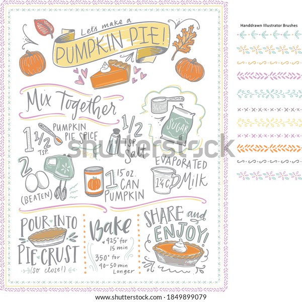 Share a classic traditional pumpkin pie recipe with hand\
drawn step by step instructions - fully scaleable & 11\
Illustrator brushes included! Great for kitchen art, tea towels and\
more! 