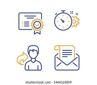 Share, Cogwheel timer and Certificate icons simple set. Mail newsletter sign. Male user, Engineering tool, Verified document. Open e-mail. Business set. Linear share icon. Colorful design set. Vector