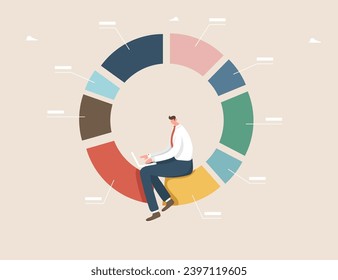 Share of company share ownership or investment profit in business, financial planning, market distribution analysis, project cost estimation, budgeting, man sitting with laptop on pie chart.