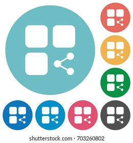 Share component flat white icons on round color backgrounds