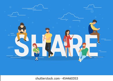 Share concept illustration of young people using mobile gadgets such as tablet pc and smartphone for sharing data, photos and links between each other via internet. Flat big letters share on blue