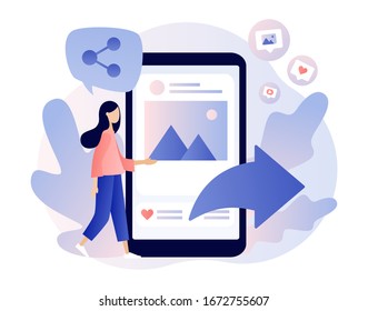 Share Concept. Tiny Girl Sharing Data, Photos, Links, Posts And News In Social Networks. Modern Flat Cartoon Style. Vector Illustration On White Background