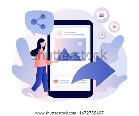 Share concept. Tiny girl sharing data, photos, links, posts and news in social networks. Modern flat cartoon style. Vector illustration on white background