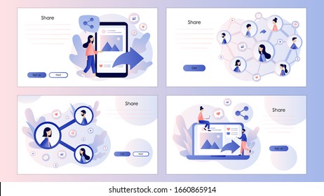 Share concept. Tiny people sharing links in social networks. Screen template for mobile smart phone, landing page, template, ui, web, mobile app, poster,banner. Modern flat cartoon style. Vector 