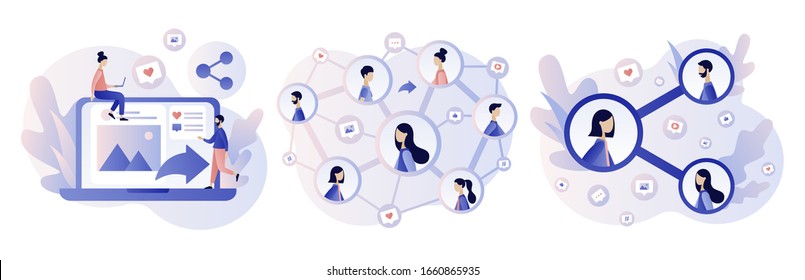 Share concept. Tiny people sharing data, photos, links, posts and news in social networks. Modern flat cartoon style. Vector illustration on white background