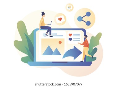 Share concept. Tiny people sharing data, photos, links, posts and news in social networks with laptop. Modern flat cartoon style. Vector illustration on white background
