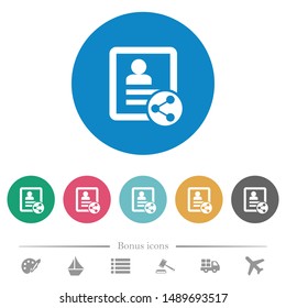 Share contact flat white icons on round color backgrounds. 6 bonus icons included.
