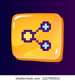 Share content glossy ui button with pixelated color icon. Social media. Posting on internet. Editable 8bit graphic element on shiny glass rectangle shape. Isolated image for arcade, video game design