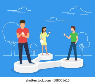 Share data concept illustration of young people using mobile smartphone for sharing posts in social networks. Flat people standing on 3d symbol and reposting images and news to each other