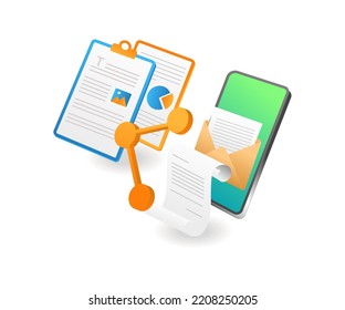 Compartir carpeta de datos con smartphone en ilustración plana isométrica