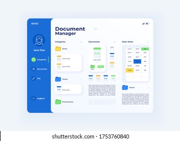 Share document tablet interface vector template. Mobile app page day mode design layout. Data storage library screen. Flat UI for application. File management. Portable device display