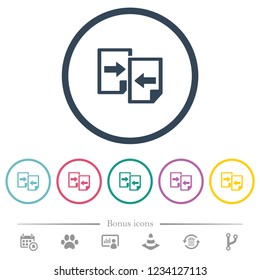 Share documents flat color icons in round outlines. 6 bonus icons included.