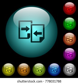 Share documents icons in color illuminated spherical glass buttons on black background. Can be used to black or dark templates