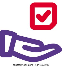Share election result, hand with tick-mark isolated on a white background
