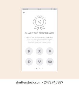 Share the experience app screen with Badge and social icons. Vector mobile wireframe editable design for mobile, with sample data and real user interface graphic details ready for ux and ui projects.