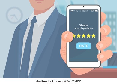 Erleben Sie Erfahrung mit mobilen Anwendungen Rating Vektor. Benutzer der App zum Kauf von Produkten online mit Zellbildschirm und Rate. Guter Service-Feedback des Kunden