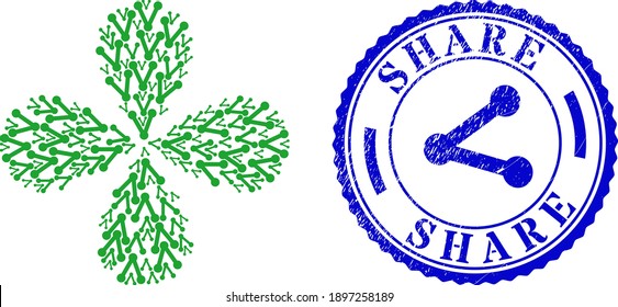 Share explosion flower cluster, and blue round SHARE rough stamp with icon inside. Object flower with 4 petals combined from oriented share items. Vector flower collage in flat style.