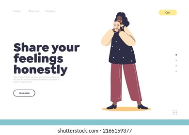 Share Feelings Honestly Concept Of Landing Page With Crying Woman Hiding Under Social Mask. Sad Female Hide Real Emotions And Feelings With Smiling Face. Cartoon Flat Vector Illustration