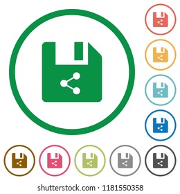 Share file flat color icons in round outlines on white background