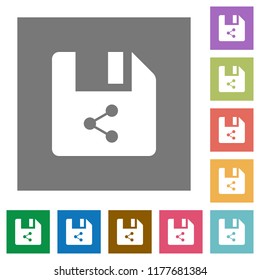 Share file flat icons on simple color square backgrounds