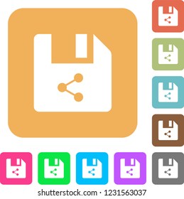 Share file flat icons on rounded square vivid color backgrounds.