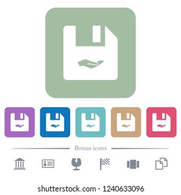 Share file white flat icons on color rounded square backgrounds. 6 bonus icons included