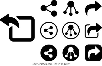 Conjunto de iconos planos de Compartir. Símbolos de flecha. Responder enviar señales de conexión de Botones hacia adelante aislados sobre fondo transparente. Botón de Enlace de Compartir para Social Media Silhouette. Enlace para Sitios web. Enviar señales de datos.