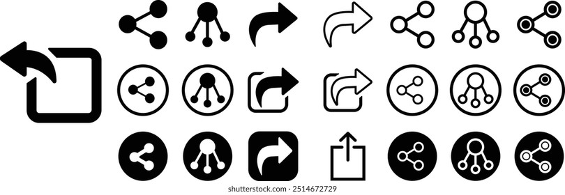 Compartilhar Plano, Contorno ícones Definir. Símbolos de seta. Responder enviar para frente botões sinais de conexão em fundo transparente. Botão Compartilhar Link para Silhueta de Mídia Social. Link para sites. Enviar Sinais De Dados.
