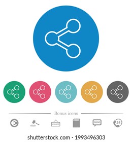 Share flat white icons on round color backgrounds. 6 bonus icons included.