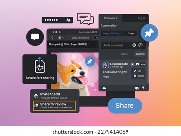 Share function in photo editor. Add and view comments. Collaboration work