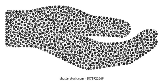 Share Hand collage of small circles in various sizes and color hues. Small circles are united into share hand vector composition. Dotted vector design concept.
