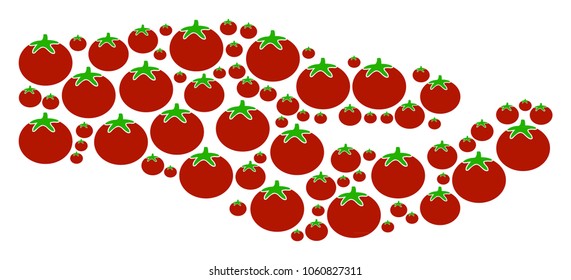 Share Hand composition of tomato vegetables in various sizes. Vector tomatoes objects are organized into share hand figure. Nutrition vector illustration.
