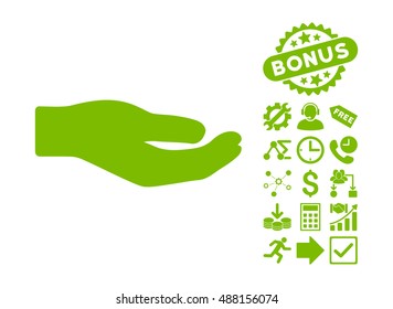 Share Hand icon with bonus design elements. Vector illustration style is flat iconic symbols, eco green color, white background.