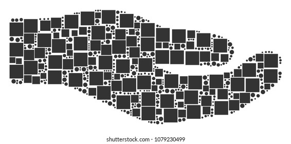 Share Hand mosaic icon of square figures and circle particles in different sizes. Vector items are scattered into share hand mosaic design concept.