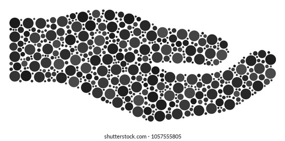 Share Hand mosaic of round dots in variable sizes and color hues. Dots are grouped into share hand vector mosaic. Vector design concept.
