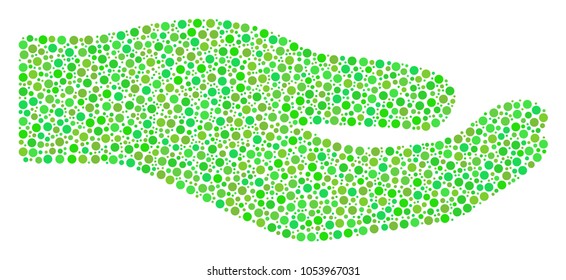 Share Hand mosaic of small circles in different sizes and fresh green color hues. Circle dots are grouped into share hand vector mosaic. Fresh vector illustration.