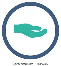 Share Hand vector bicolor rounded icon. Image style is a flat icon symbol inside a circle, cobalt and cyan colors, white background.