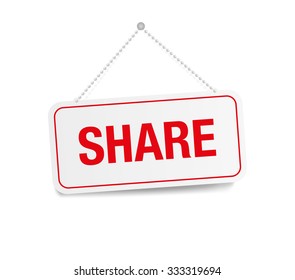 Share hanging sign isolated on white wall