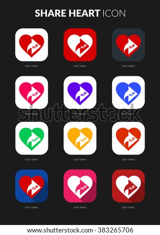 Share heart icons set for icon application mobile or button main screen phone. Colorful vector flat style design template with drop shadow on dark grey background.