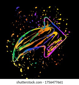 Share icon with arrow. Colored ink with splashes on black background