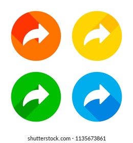 Share icon with arrow. Flat white icon on colored circles background. Four different long shadows in each corners