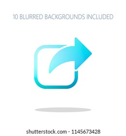 Share icon. Arrow and square. Colorful logo concept with simple shadow on white. 10 different blurred backgrounds included