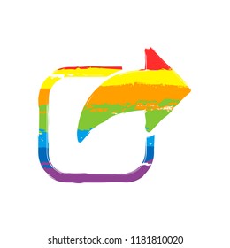 Share icon. Arrow and square. Drawing sign with LGBT style, seven colors of rainbow (red, orange, yellow, green, blue, indigo, violet